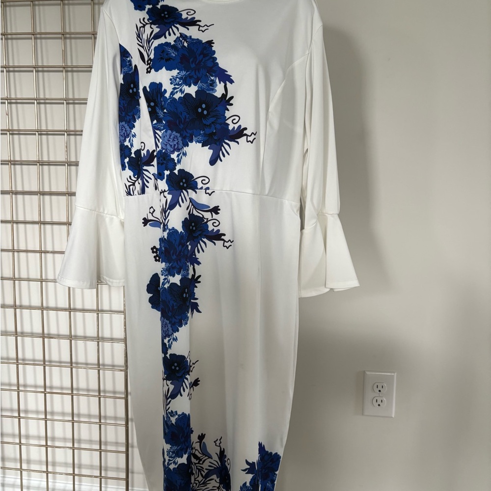 White and Blue Asymmetrical Sheath Dress with Bell Sleeves